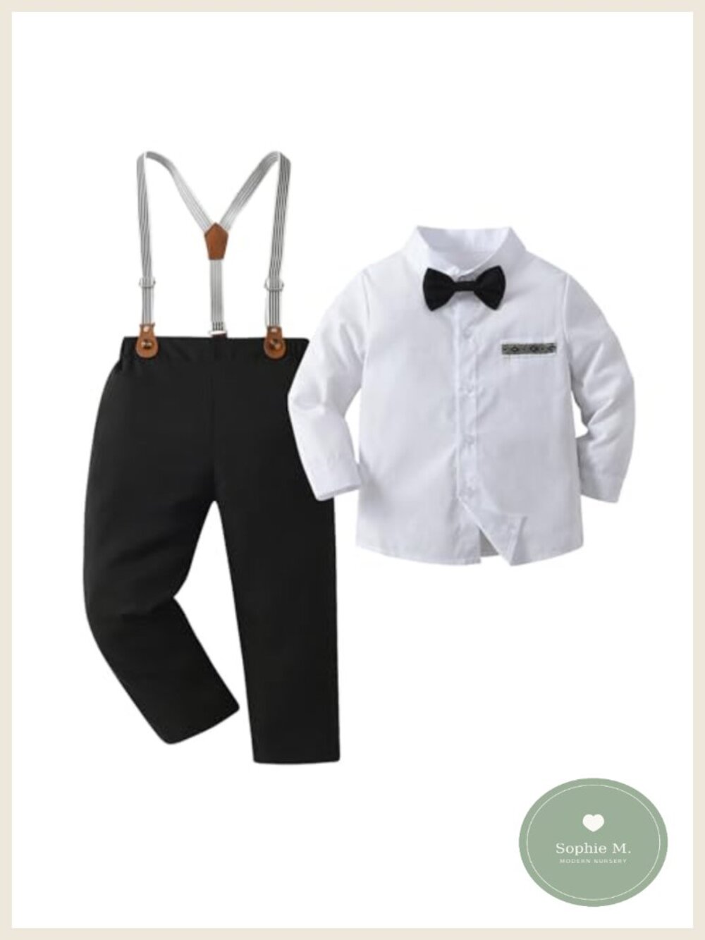 Baby Boys Tuxedo Outfit Set with Shirt, Pants, Bow Tie, Suspenders, Cotton,
